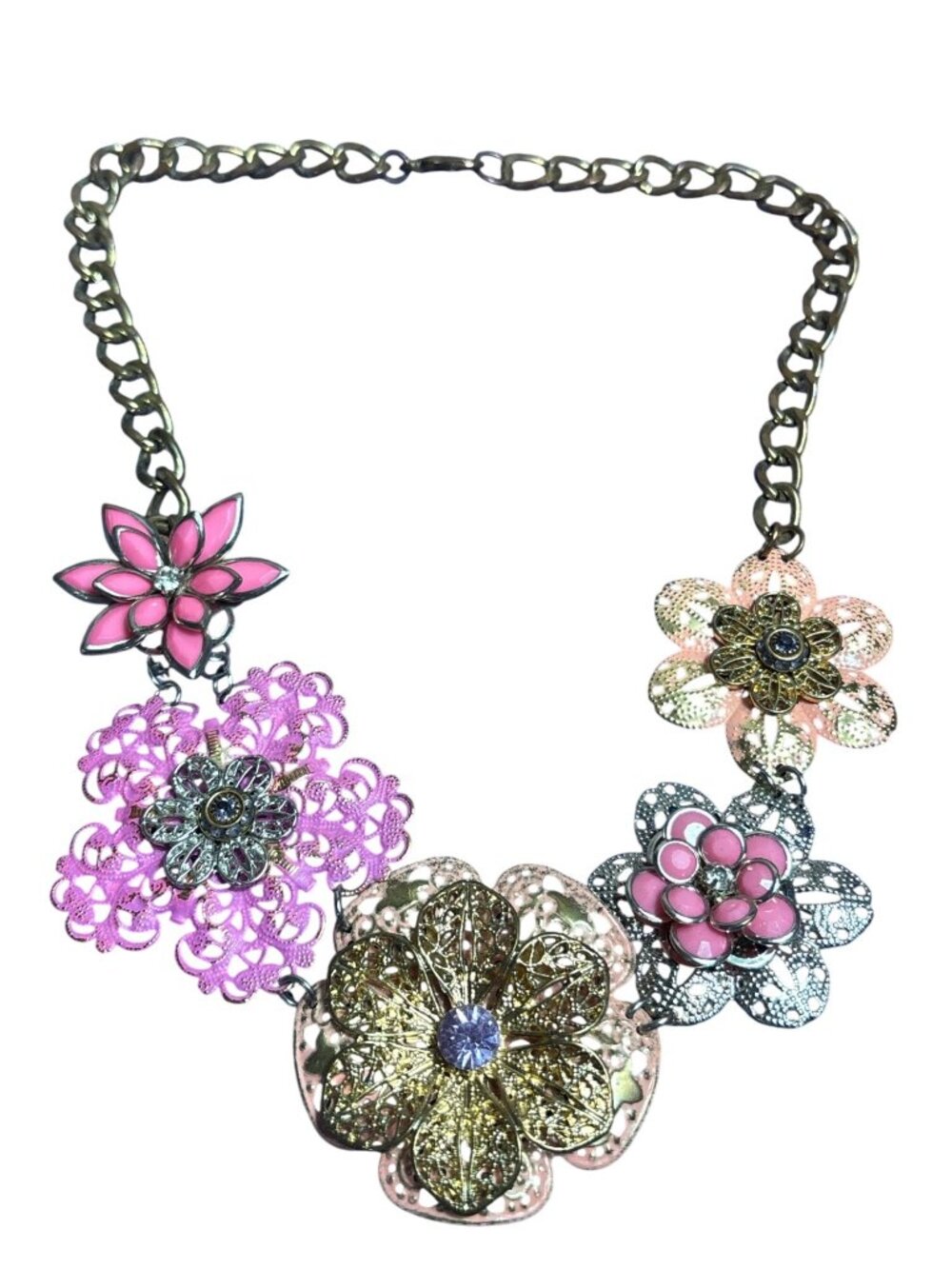 Floral Statement Bib Necklace Goldtone Pink Purple Peach Silvertone Rhinestones